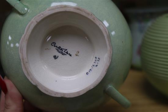 A group of Carlton Ware 1930s lime green ground pottery comprising six vases, a dish and a jug tallest 18cm